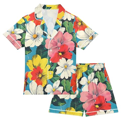 ALAZA Retro Floral Blossom Pajamas Satin Pajama Set Short Sleeve Button Down Sleepwear