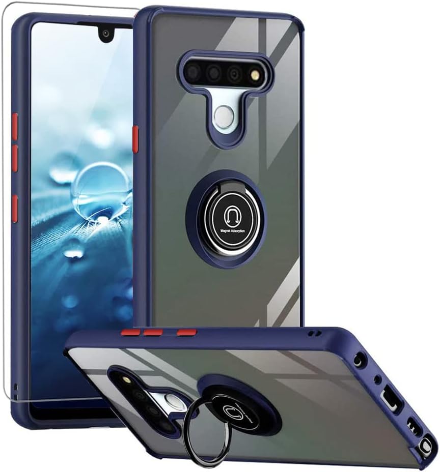 TJS Compatible with LG Stylo 6 Case, with [Tempered Glass Screen Protector], Defender Metal Ring Magnetic Support Kickstand Heavy Duty Drop Protector Phone Case Cover (Blue)