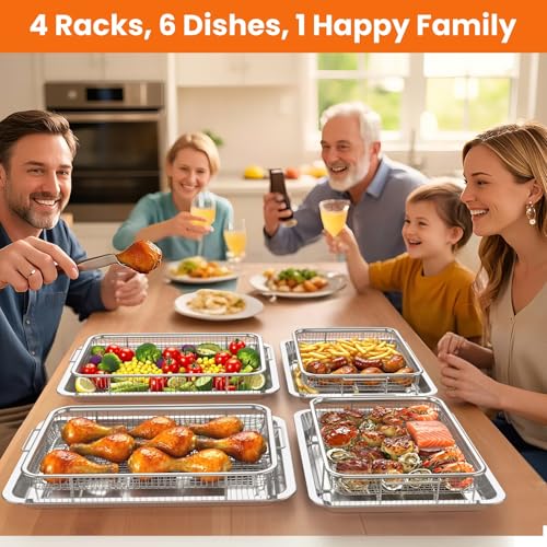 Xumilas Air Fryer Basket for Oven, 2 Pack 304 Stainless Steel Crisper Tray Set (15"x11" & 12.8"x9.7"), Mesh Grill Pan with 60 Parchment Papers, Heavy Duty Dishwasher Safe for Bacon Fries, Family Size by Xumilas - Image 2