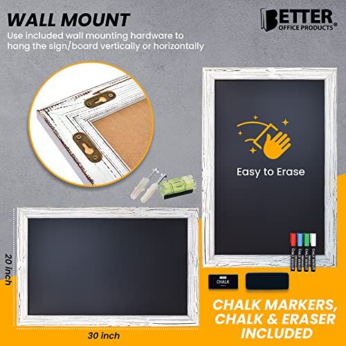 Magnetic Wall Chalkboard, X Large Size 20" X 30", Rustic Wood Frame, Chalkboard Sign, Vertical/Horizontal Wall Mount, Includes 4 Chalk Markers + Chalk And Eraser, By Better Office Products (Whitewash) #TOP2