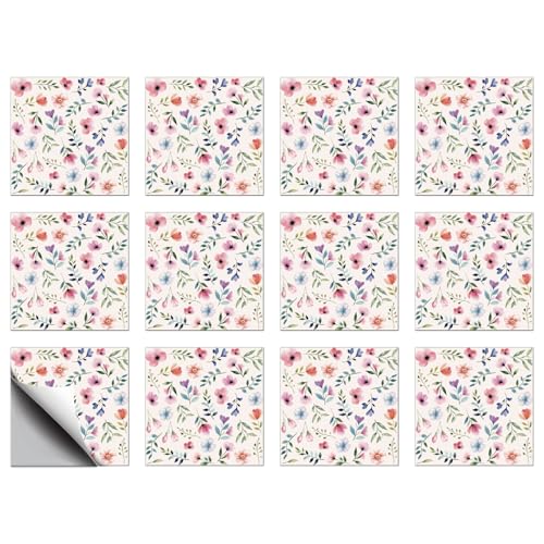CHGCRAFT 12 Pcs 8in Tile Stickers Pink Flowers Peel and