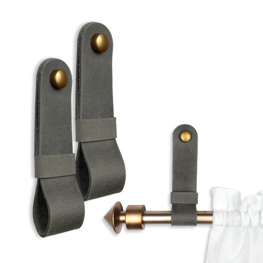2 Pc Minimalist Design Leather Curtain Rod Bracket - Easy to Install Set of Universal Wall Hanging Strap Curtain Rod Holders with Screws and Plastic
