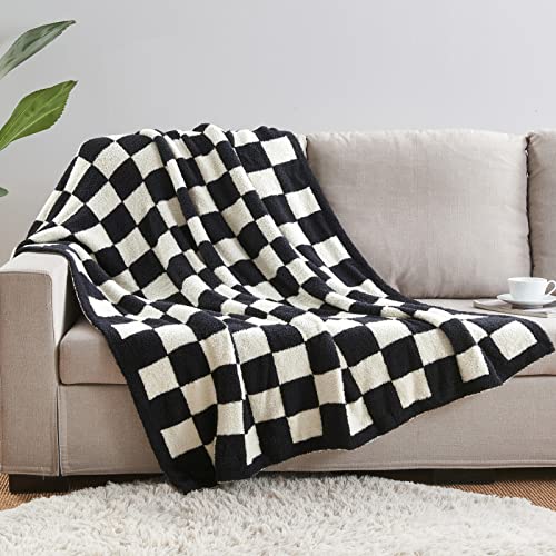 Image of CozeCube Black White Reversible Checkered Knit Throw Blanket 50 inchx60 inch
