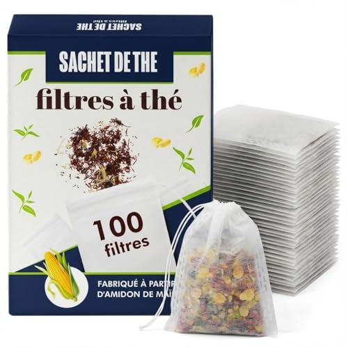 100 Bolsas de Té Desechables para Rellenar de Almidón de Maíz - Filtros Vacíos para Té a Granel, Infusiones, Especias - Sin Plástico, No se Derriten - Tamaño Grande 8x6cm con Cordón