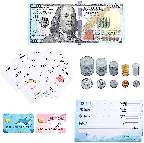175 Pcs Play Money for Kids Fake Money Set Pretend Play & Learn Contains Bills, Coins, Credit & Debit Cards, Checkbook and Flash Cards