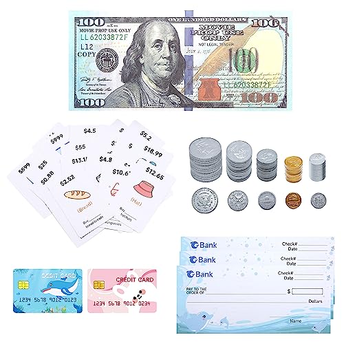 175 Pcs Play Money For Kids Fake Money Set Pretend Play & Learn Contains Bills, Coins, Credit & Debit Cards, Checkbook And Flash Cards #TOP1
