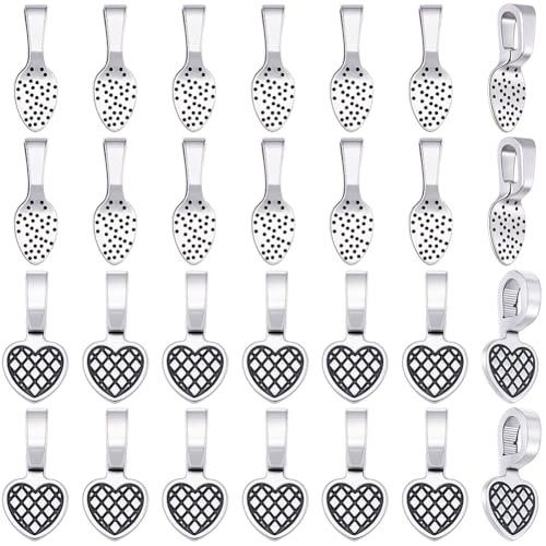 SOFPLATE 120Pcs 2 Styles Bails for Jewelry Making Necklace Pendant Bail Small Silver Oval Heart Shaped Earring Necklace Glue On Flat Pad Jewelry Findings for Pendants DIY Cabochons Glass Gems Crafts