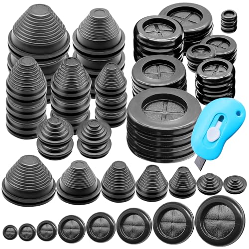 mankk Rubber Grommet Kit Firewall Grommet Wire Grommet Tower Shaped and Round Double Sided Rubber Hole Plug with Retractable Box Knife for Wire Protection