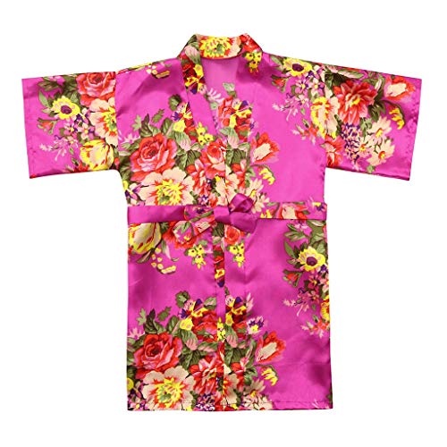 Toddler Baby Kid Floral Silk Satin Kimono Robes Bathrobe Sleepwear Clothes for Girls Boys Hot Pink