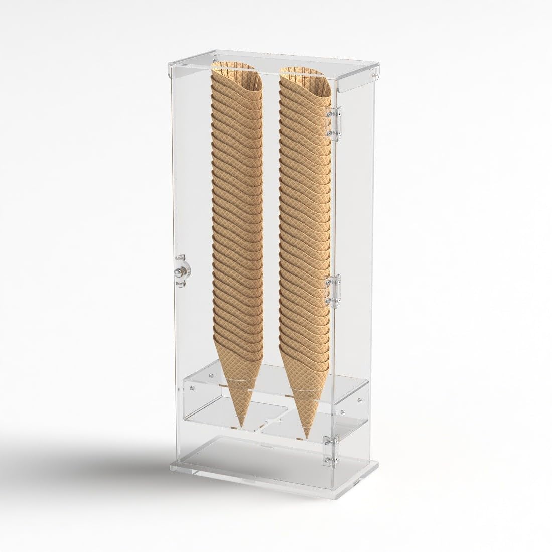 Porta coni gelato per cialde grandi in plexiglass trasparente a 2 fori con sportello - Misure: 27 x 13 x H61 cm