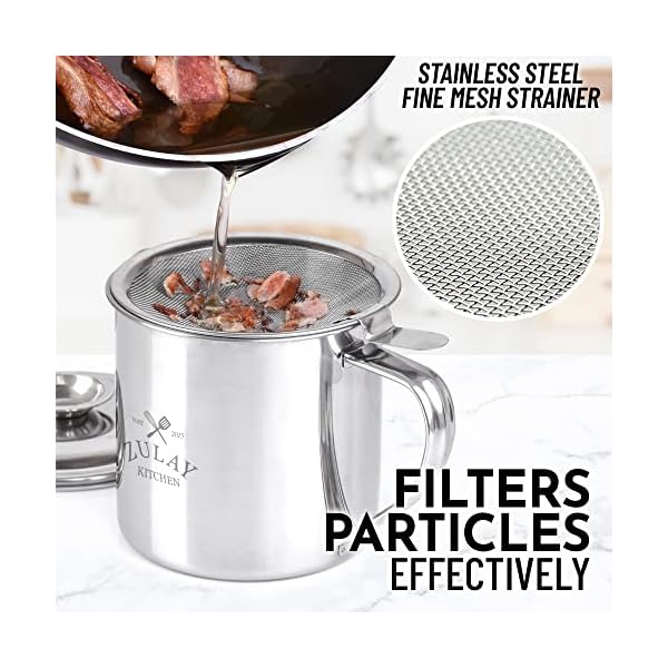 Zulay Kitchen Bacon Grease Container With Strainer 1L Stainless Steel