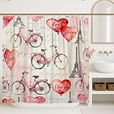 Fahrrad-Duschvorhang, romantischer Vintage-Herz, Paris-Turm, Valentinstag, Pfirsichfarben, waschbar, mit Haken, dekorativer Badezimmer-Vorhang für Badezimmer, Toilette, Gästezimmer, Dekoration, 157 x