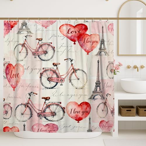 Fahrrad-Duschvorhang, romantischer Vintage-Herz, Paris-Turm, Valentinstag, Pfirsichfarben, waschbar, mit Haken, dekorativer Badezimmer-Vorhang für Badezimmer, Toilette, Gästezimmer, Dekoration, 157 x