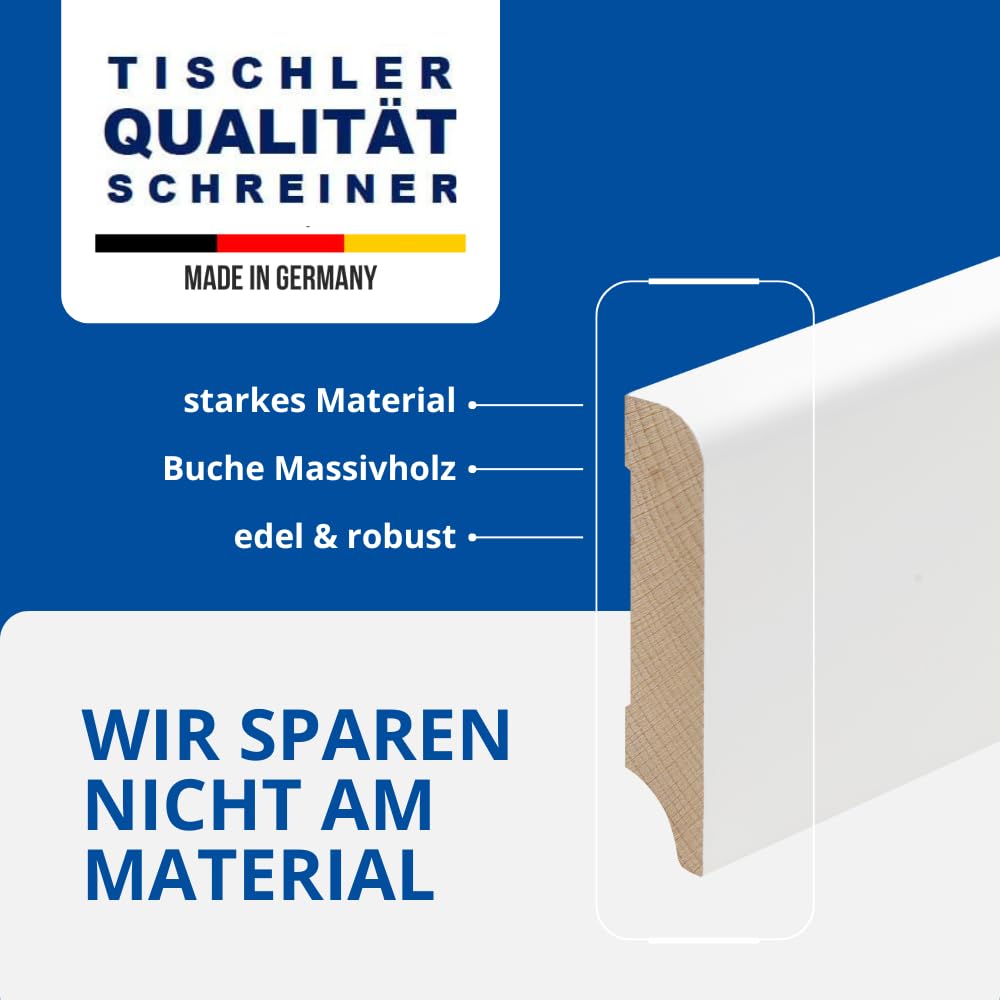 REESE | Massivholz Sockelleiste | Münchener Profil | Oberkante Rund | Buche WEISS | (80mm Höhe, 5 Stück / 11,5lfm)