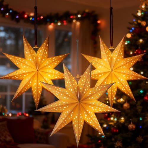 OSALADI 3Pcs Paper Star Lantern Lampshade 9 Pointed Star Hanging Decorations for Christmas New Year Wedding Party Holiday Birthday 13.78 x 13.78 x 5.12 Inch