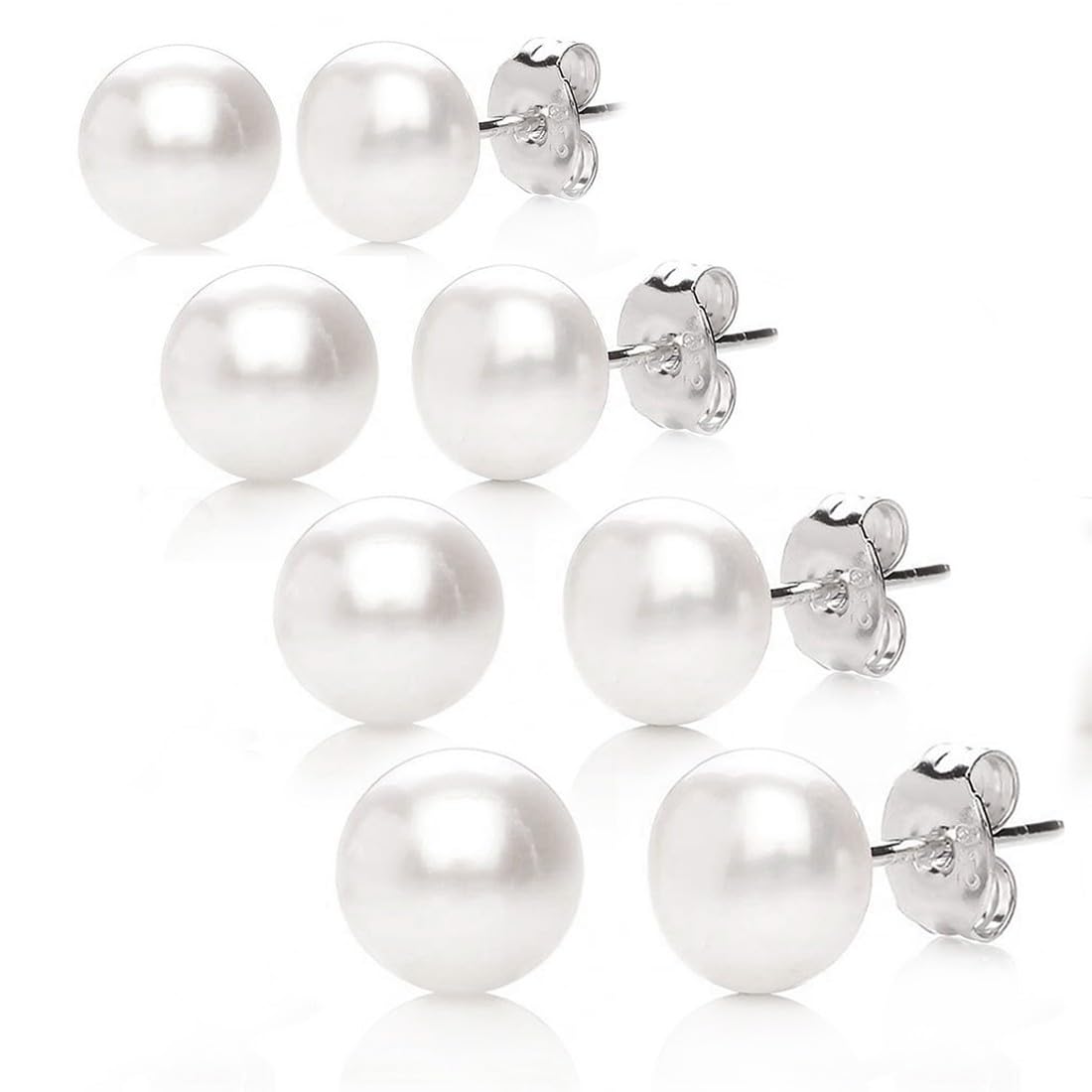 EODKSE 4 Pares Pendientes de Perlas de Plata 925 Cuentas de Perlas Pendiente de Gota para Las Mujeres Blanco Perlas de Agua Dulce Joyería del oído 4mm /6mm / 8mm / 10mm