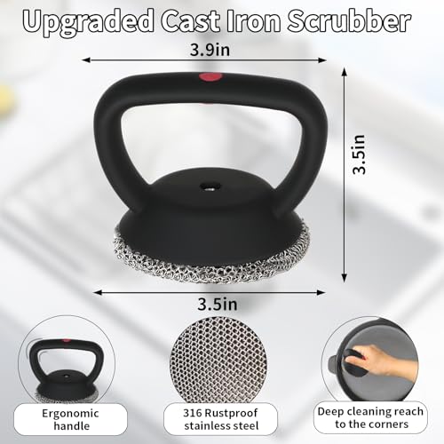 Image of MEIXINZHI Cast Iron Cleaner, Chain Mail Scrubber & Pan Grill Scrapers - 2 in 1 Cast Iron Skillet Cleaner (Black, Without mat)