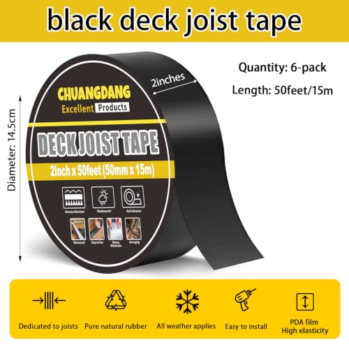 Image of Black Deck Joist Tape,2inx50ft,6-Pack,Joist Tape Decking,Decking Tape | Joist Deck Tape for Joist, Roofs Beams,RV,Doors, and Fences,Waterproof Butyl Joist Tapes,Anti-Corrosion,Weather-Resistan