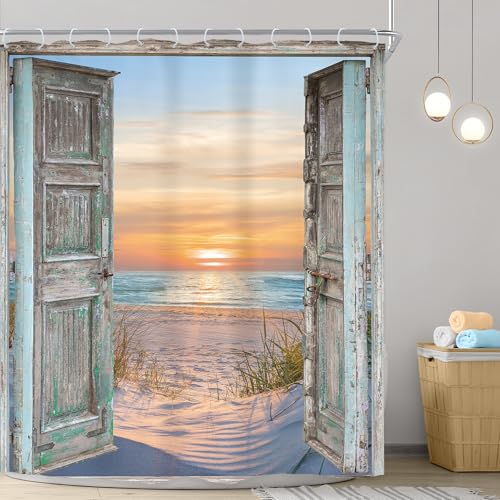 Image of Riyidecor Blue Beachy Shower Curtain,72Wx72H Inch Summer Beach Nautical Coastal Ocean,Rustic Barn Door Seashore Fabric Shower Curtains, Seaside Sunset Landscape Bathroom Decor Waterproof 12 Pack Hooks