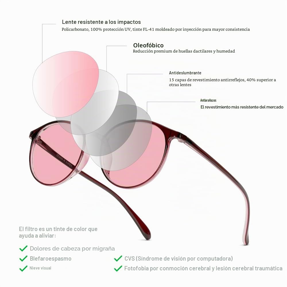 Gafas antiluz azul para migraña FL-41 Rose para interiores y FL-60 Brown para exteriores para sensibilidad a la luz para iluminación fluorescente, fotofobia y uso de computadoras