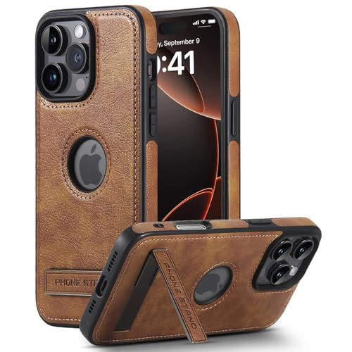 BinBoom Leather Case for iPhone 16 Pro Max Case Thin Flexible Soft Grip Luxury Cover Protective Slim with Kickstand Shockproof Phone Cases Compatible with iPhone 16 Pro Max Brown