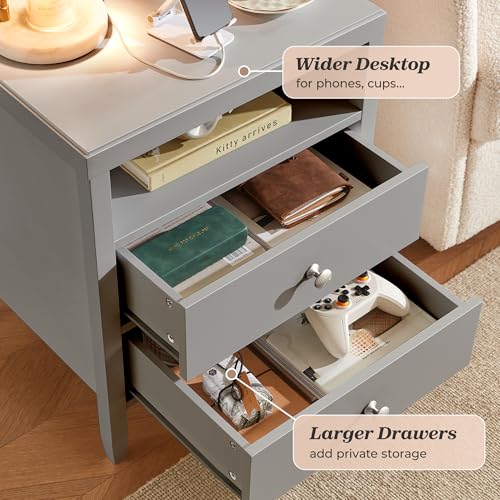 Image of Huuger Grey Nightstand Set of 2, Night Stand with Charger Station