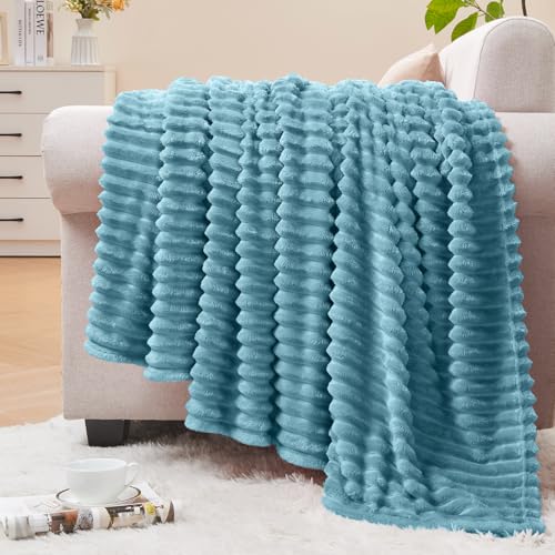 Image of BEDELITE Fleece Throw Blanket for Couch - 3D Ribbed Jacquard Soft and Warm Decorative Fuzzy Blanket - Cozy, Fluffy, Plush Lightweight Washed Blue Throw Blankets for Bed, Sofa, 50x60 inches