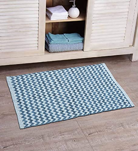 Image of The Home Talk Zig Zag Cotton Area Rug - Carpets Suitable for Living Room, Bedroom, Dining Room, Home Decor - Handcrafted Traditional Rectangular Rugs - Non-Skid | 2' X 3' - Ash Blue |