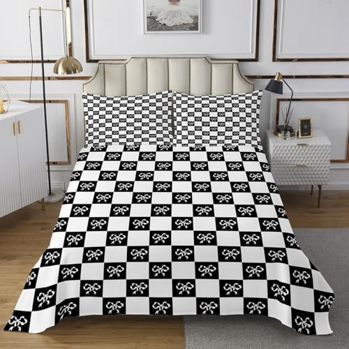 Kawaii Plaid Geometric Grid Bedspread Queen Size Bedding For Teens Living Room Cute Bowknot Decor Coverlet Set Princess Style Bow-tie Girly Quilt Set for All Season,3 Pcs with 2 Pillowcases