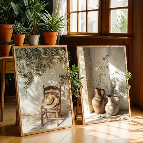 Pósteres de lienzo con estampados vintage de sombreros de paja, olivos y paisaje mediterráneo para la decoración del salón (70x100cm - 2 unidades)