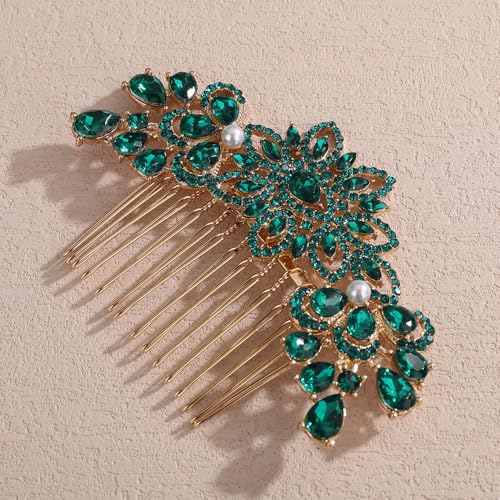 Peine para cabello con cristales y perlas verde miniatura 4