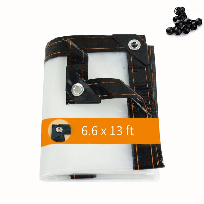 BeGrit Clear Tarps Waterproof Transparent Tarpaulin with Grommets, Dustproof Rainproof Windproof for Greenhouse Garden Patio,with 14 PCS Ball Bungee Cords, 6.6 x 13ft