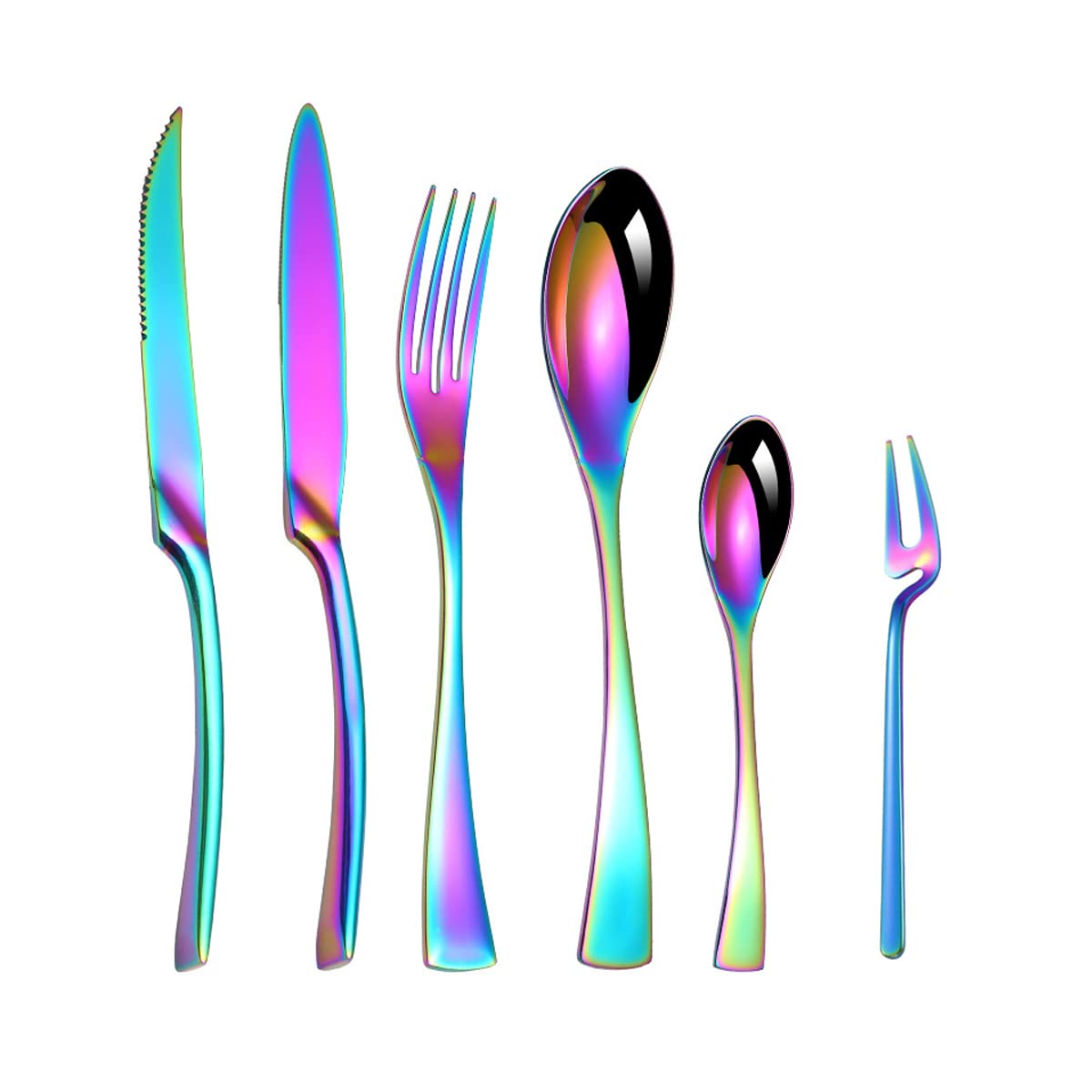 Juego de cubiertos de 24 personas, multicolor, juego de cubiertos de 24 piezas, incluye cuchillo de mesa, cuchillo de carne, tenedor de ensalada, cubiertos de acero inoxidable pulido espejo