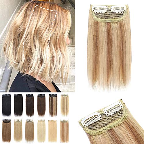 S-noilite Clip in Human Hair Extensions Short One Piece 2 Clips Balayage Clip in Hairpieces Thick Remy Hair 6Inch 10g Brazilian Hair For Women with Thinning Hair Golden Brown/Bleach Blonde