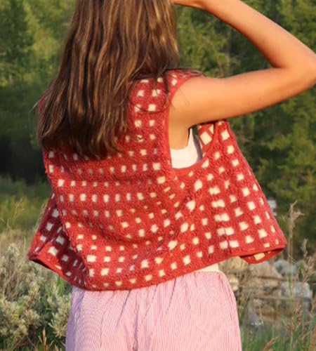 Colorful world Womens Checkered Sherpa Vest Fleece Jacket Lightweight Zip Up Sleeveless Crochet Plaid Gilet with Pocket2