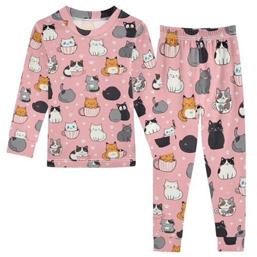 Pigsaly Pajama Set 2 Piece Cartoon Pink Animals Cute Cat Heart Pajama Sets Long Sleeve Pjs Sleepwear 5Y