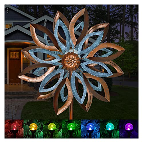 Cyan Oasis Yard Garden Wind Spinners with Solar Lights, Large Outdoor Metal Wind Spinners, Lawn Yard Art Garden Decor (20" W x 77" H)