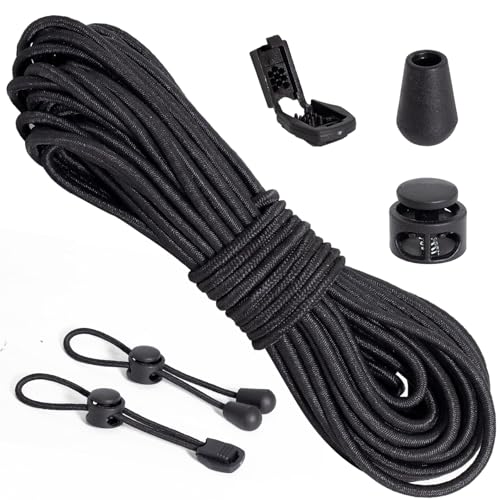 FamlTol Gummischnur 3mm 12m Set inkl 60 Zubehör 20 Kordelstopper 20 Seilklemmen 20 Endkappen elastische Gummikordel für Camping Rucksack Kleidung Schuhe DIY Reparatur (Schwarz)