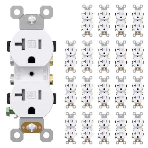 AIDA 20 Amp Outlets Duplex Electrical Receptacle Outlets,Tamper Resistant,Heavy-Duty Receptacle Wall Outlet,Residential,2-Pole,3-Wire, Self-Grounding Clip, NEMA 5-20R,UL Listed 20 Pack, White