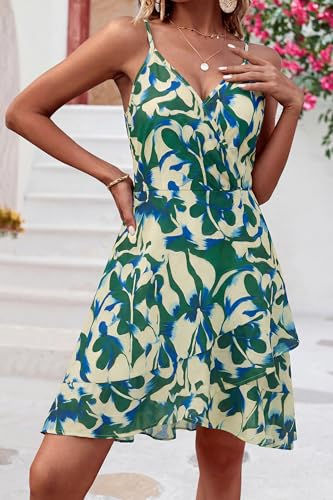 Image of ULTRANICE Womens Summer Dresses Floral V Neck Ruffled Hem Spaghetti Spring Casual Beach Outfits Flowy Wrap Sun Dress