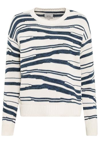 camel active Damen Intarsien Strickpullover aus Reiner Baumwolle Blau-Weiß, Womenswear-XS