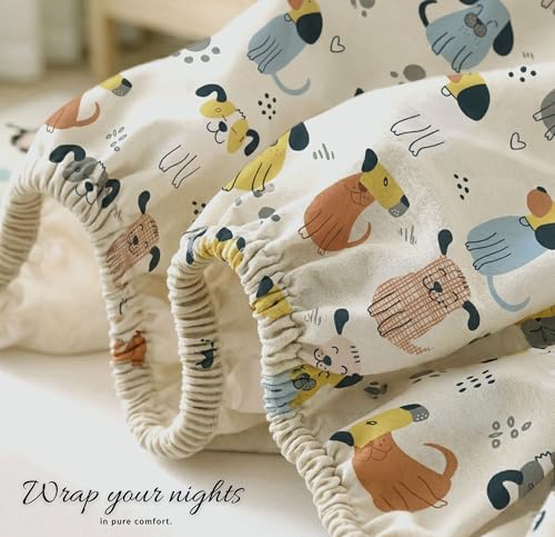 Image of VAS COLLECTIONS Single Bed Fitted Bedsheet 36x72+8 Inches with 1 Pillow Cover | 180 TC Microfiber Elastic Bed Sheet | Soft Breathable Cute Printed Design for Kids & Couples (Kid Puppy Print)