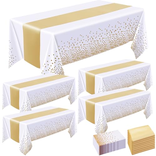 Incisite Lot de 8 nappes et chemins de table en satin, 4 nappes à pois blancs et dorés de 137 x 274 cm, 4 chemins de table en satin doré de 27,9 x 274,3 cm,...