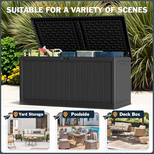 Image of Greesum 260 Gallon HDPE Outdoor Storage Box - Waterproof, Large Capacity Deck Box with Removable Dividers for Patio, Yard, Garden Tools, Black
