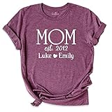 Mom Shirt, Personalized Mother Outfit, Mom Shirts with Kids Names, Custom Est, Mothers Day T-Shirt Graphic Tees, Short Sleeve, O Neck, V-Neck Gift Shirt for Mama.
