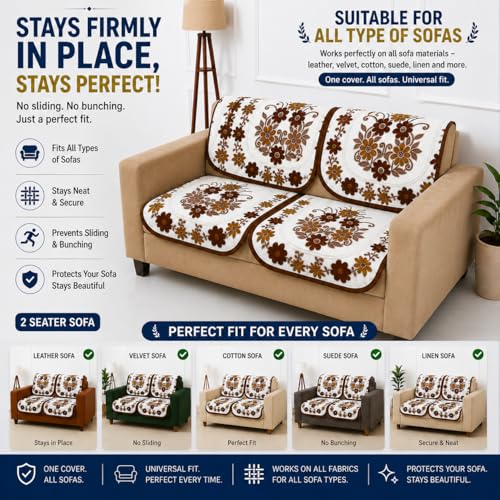 Image of Homerz Premium 'Surya Series' Sofa Cover | Stylish Sofa Protector | Net Fabric | Anti-Stain & Washable Slip Cover Exact Size Antislip (Daisy Brown, 2 Seater, Seat Cover with Backrest)