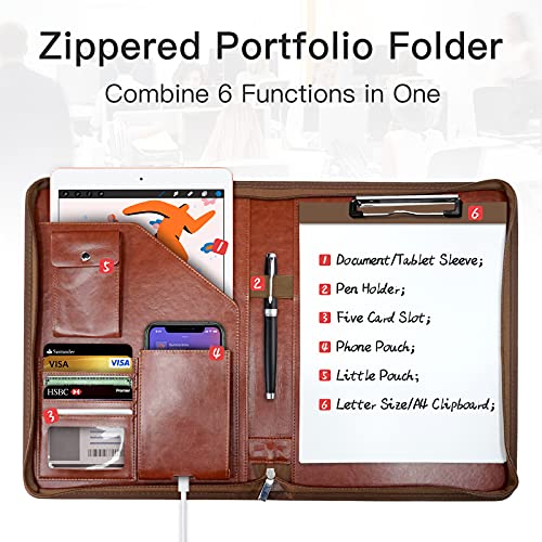zippered padfolio organizer wriyes leather planner binder 102 inch portfolio folder for documents letter size business card holder for menampwomen brown
