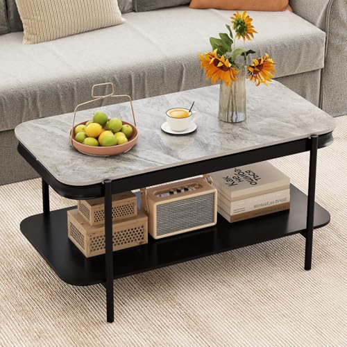COSTWAY Table Basse en Pierre 2 Niveaux, Plateau en Pierre Frittée Aspect Marbre, Cadre en Métal, Table de Salon Travertin, Moderne, pour Salon, Chambre...