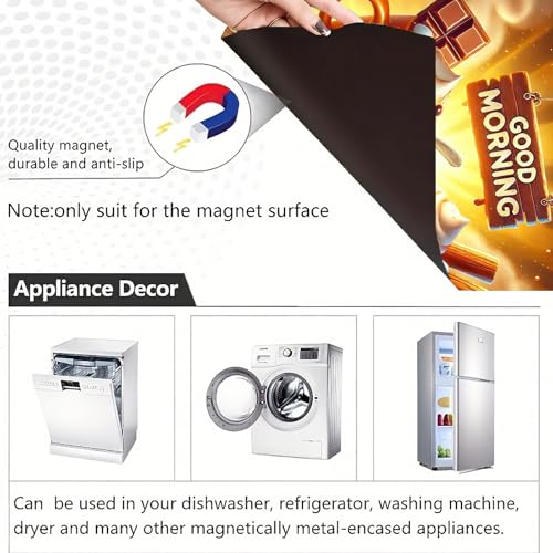 Image of HOMETITUTE Good Morning Magnetic Dishwasher Cover 23x26 Inch Cartoon Cup Cocoa Marshmallow Panel Sticker for Kitchen Fridge Door Appliance Magnet Decorative Breakfast Theme Wrap
