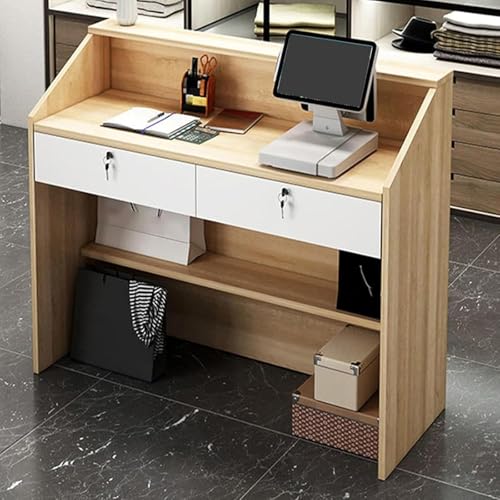Escritorio compacto con cajones con cerradura y estantes abiertos, moderno escritorio de recepción para oficinas y escritorios de computadora